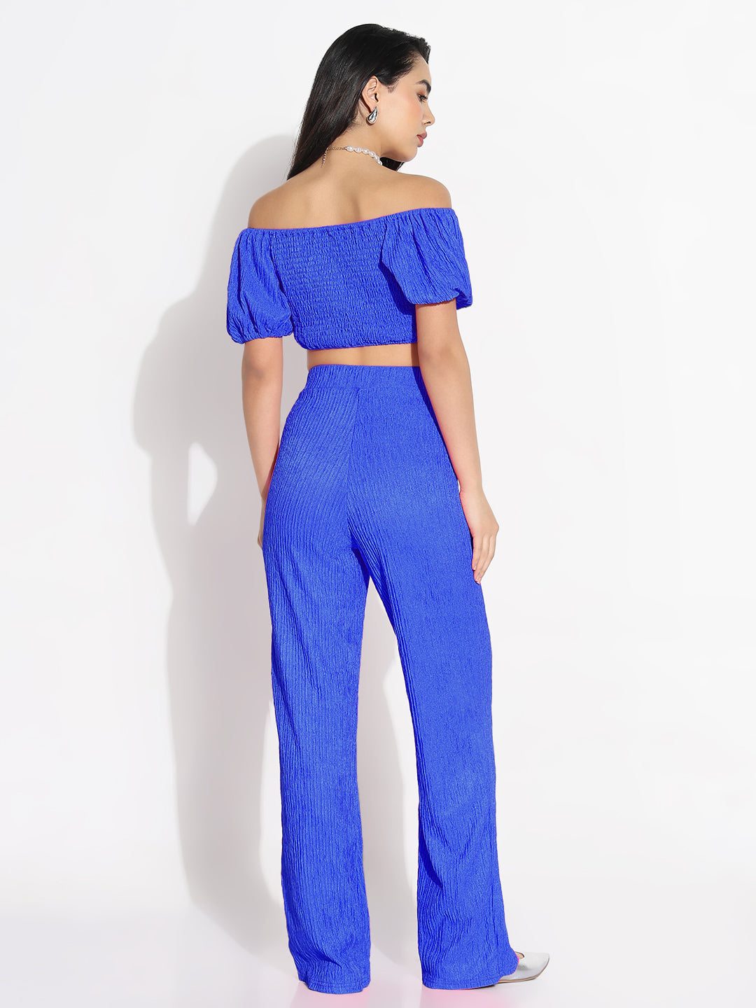 Women Blue Solid Off-Shoulder Co-ords Set