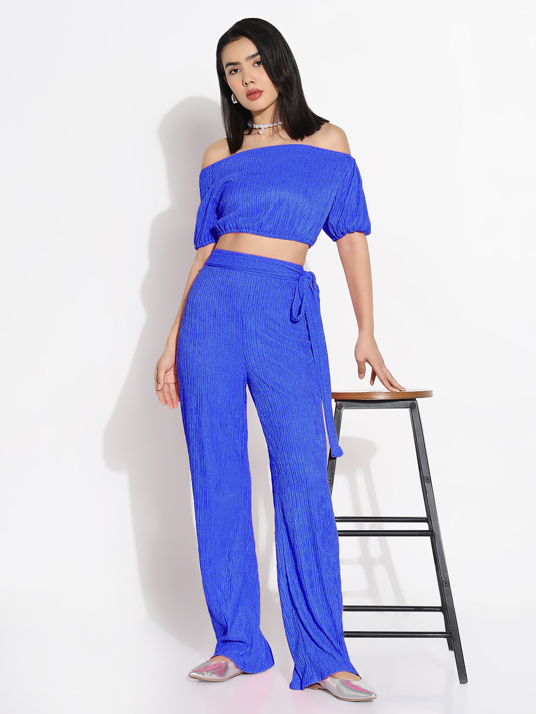 Women Blue Solid Off-Shoulder Co-ords Set