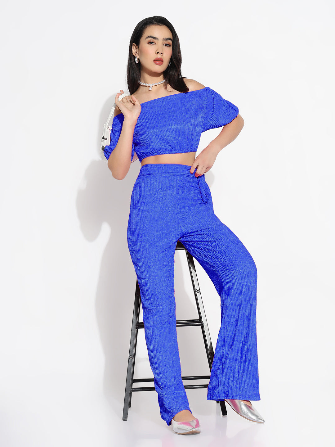 Women Blue Solid Off-Shoulder Co-ords Set