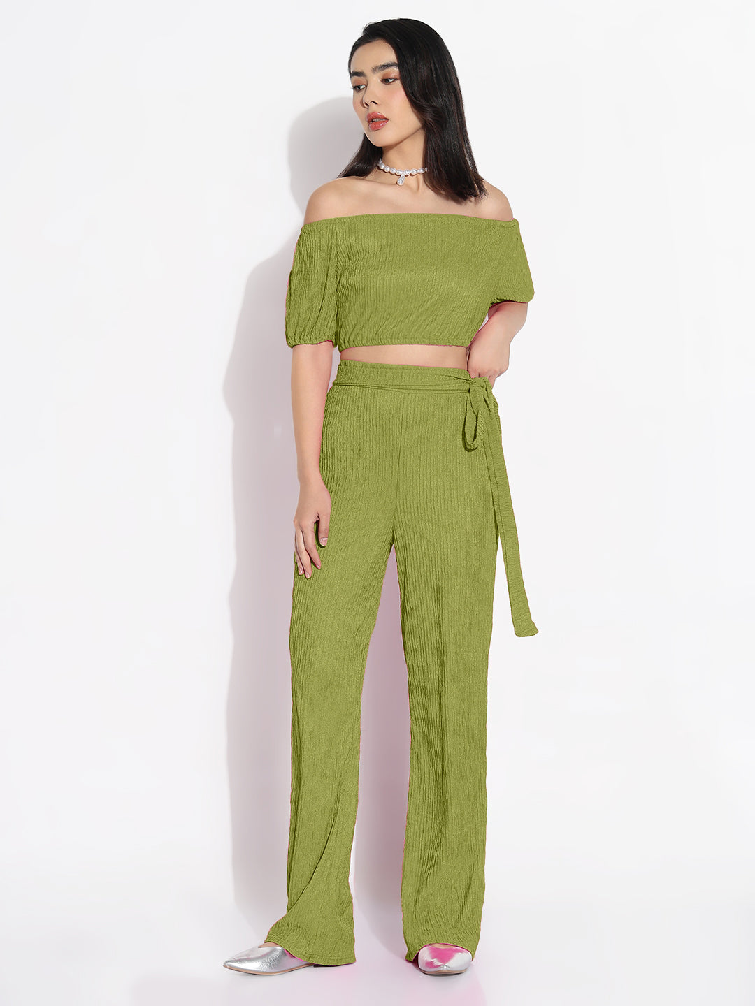 Women Green Solid Off-Shoulder Co-ords Set