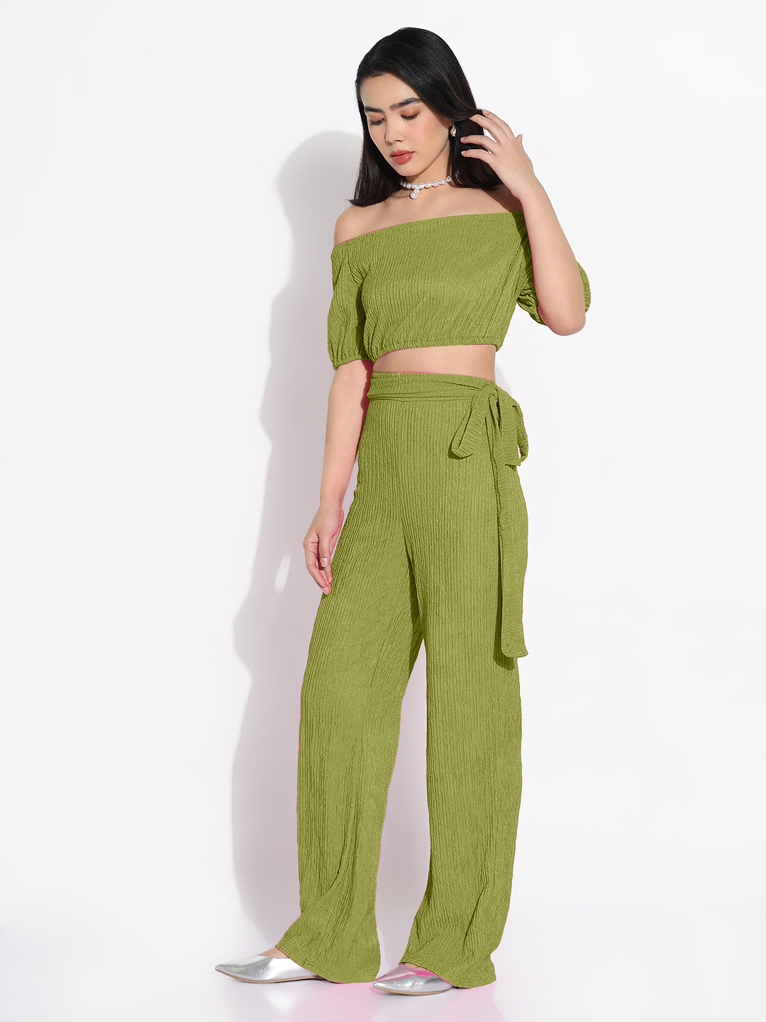 Women Green Solid Off-Shoulder Co-ords Set