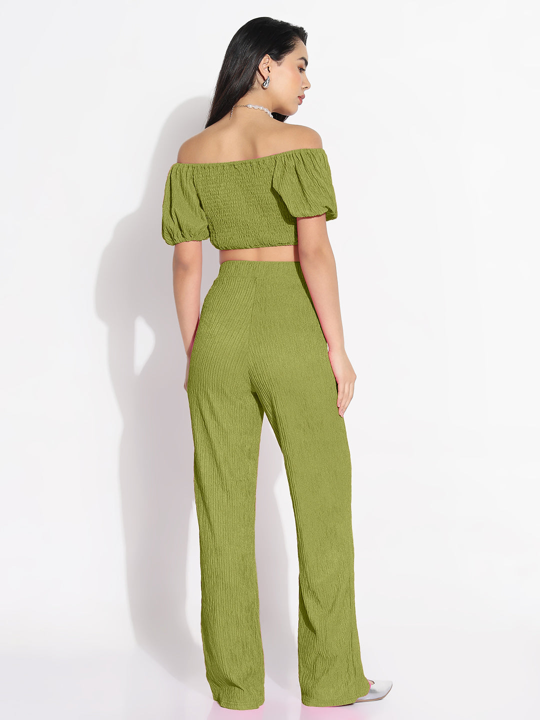 Women Green Solid Off-Shoulder Co-ords Set