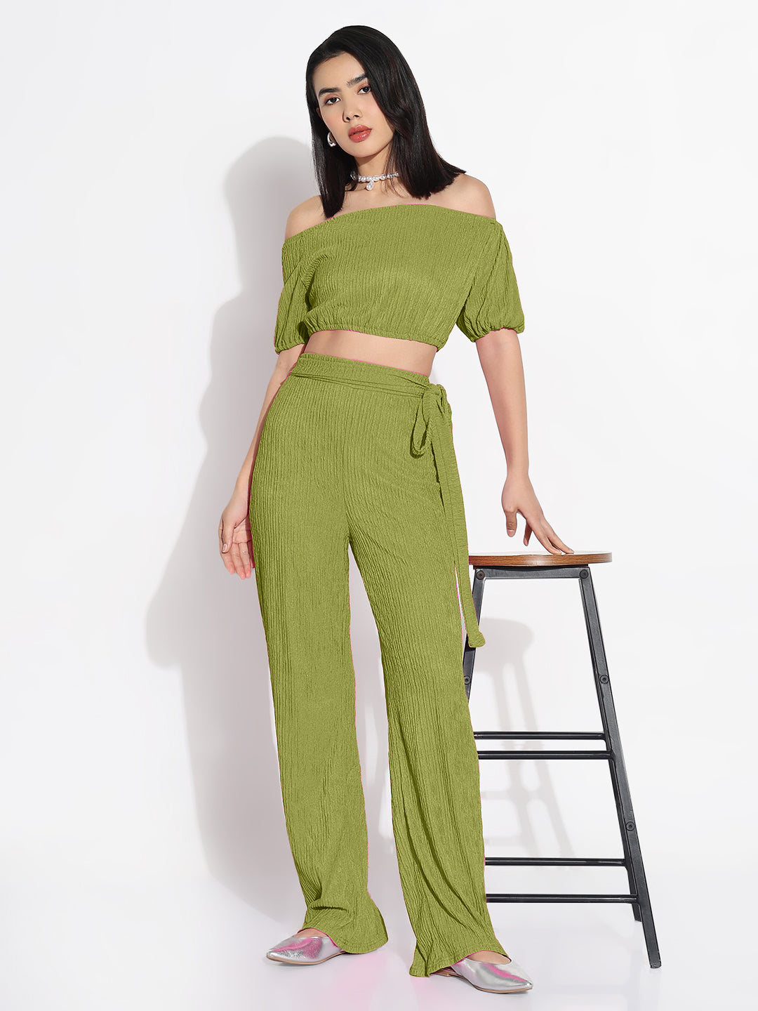 Women Green Solid Off-Shoulder Co-ords Set