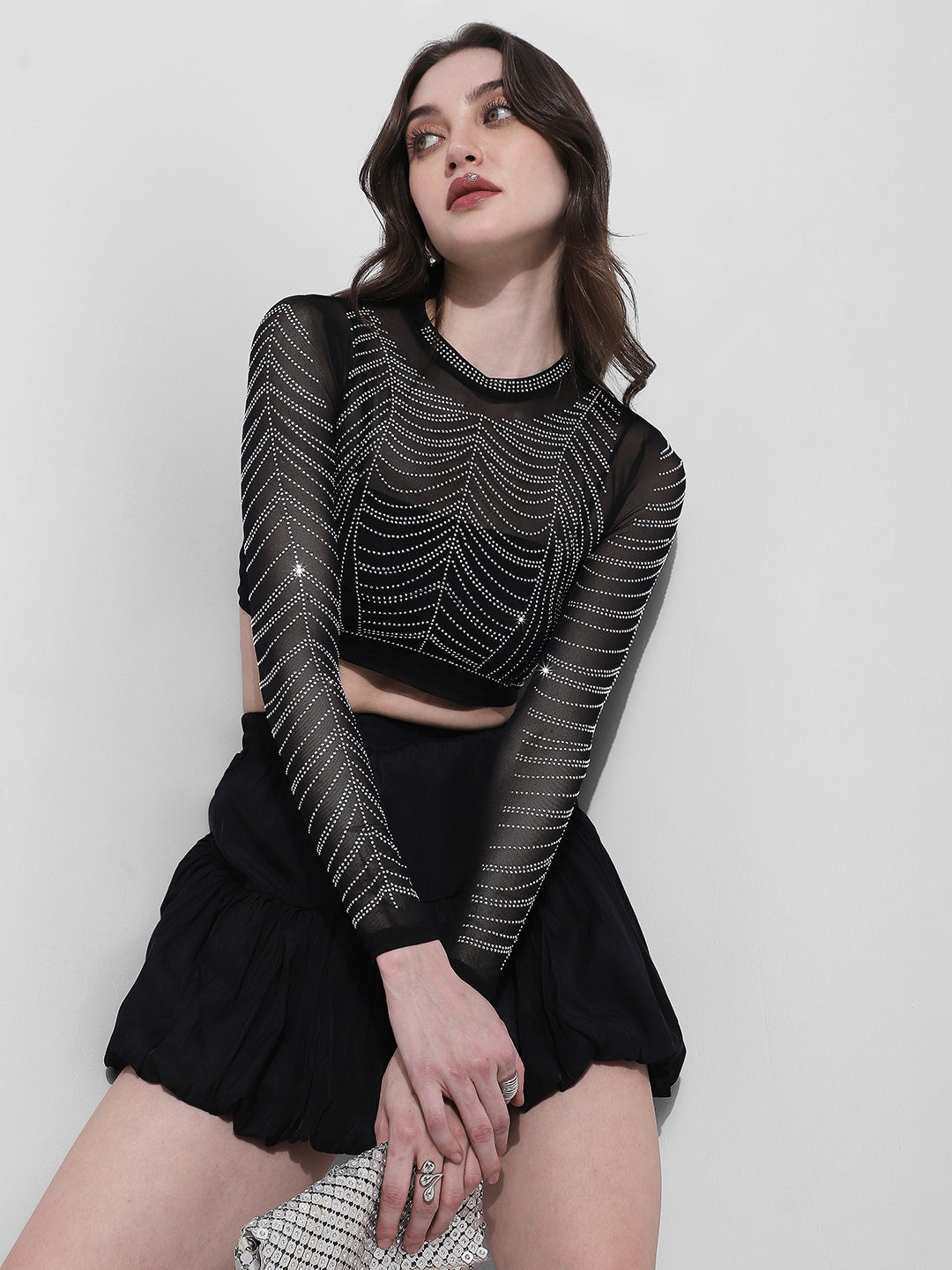 Women's Embellished Black Mesh Crop Top
