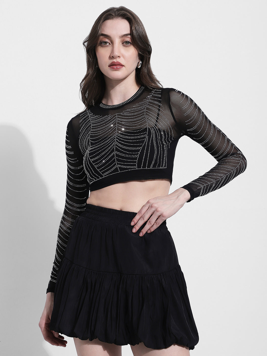 Women's Embellished Black Mesh Crop Top