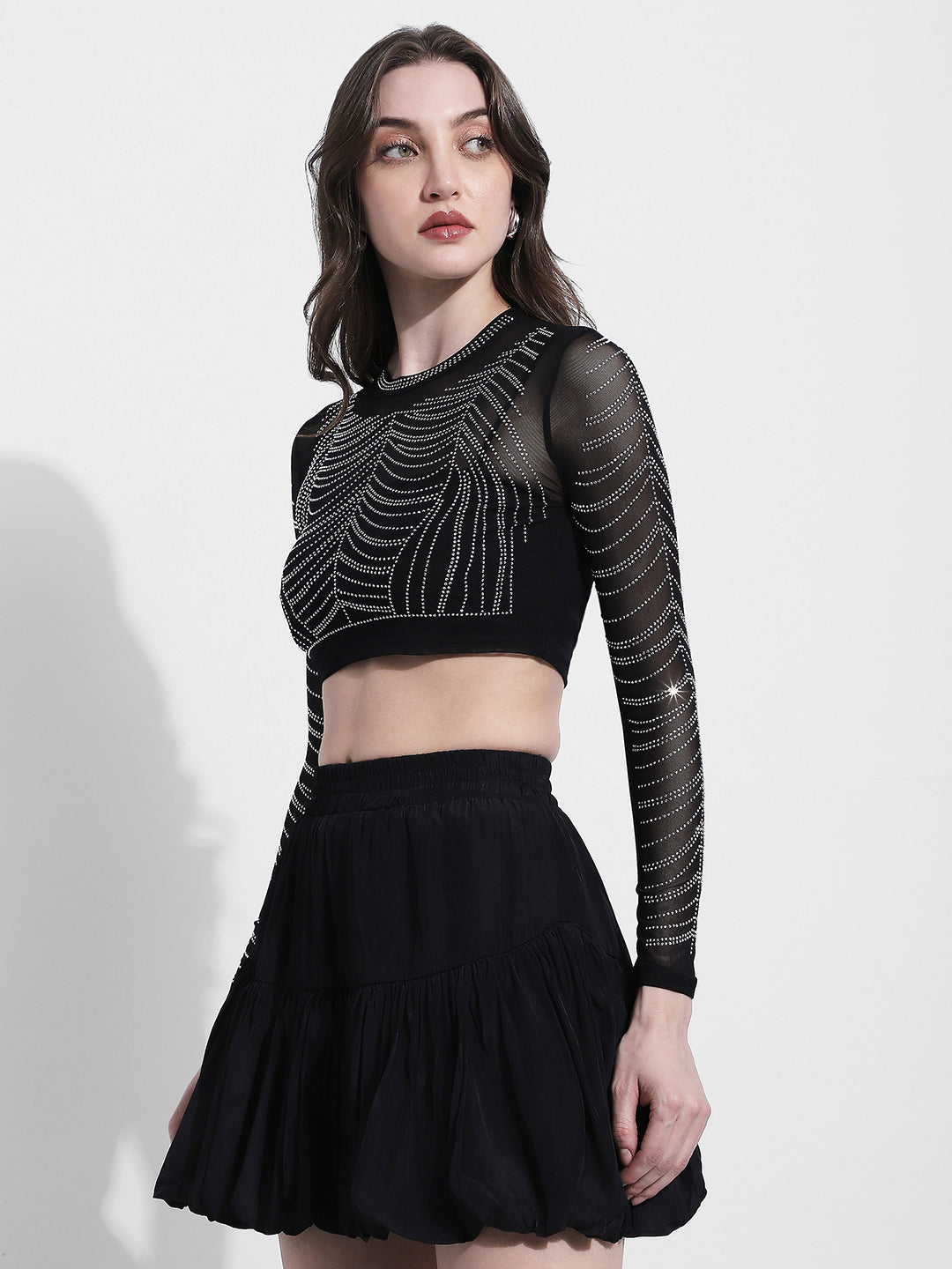 Women's Embellished Black Mesh Crop Top