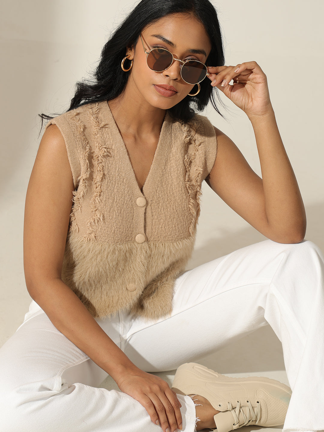 Women's Furry Beige Sleeveless Relaxed Fit Vest Top