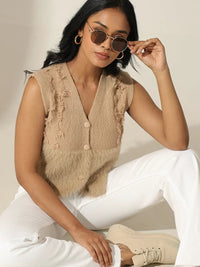 Women's Furry Beige Sleeveless Relaxed Fit Vest Top