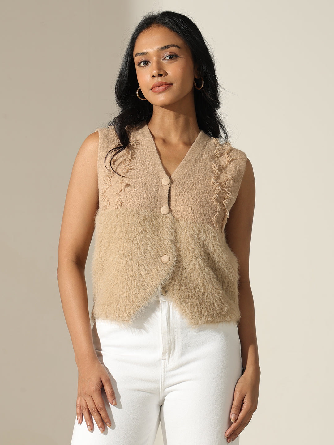 Women's Furry Beige Sleeveless Relaxed Fit Vest Top