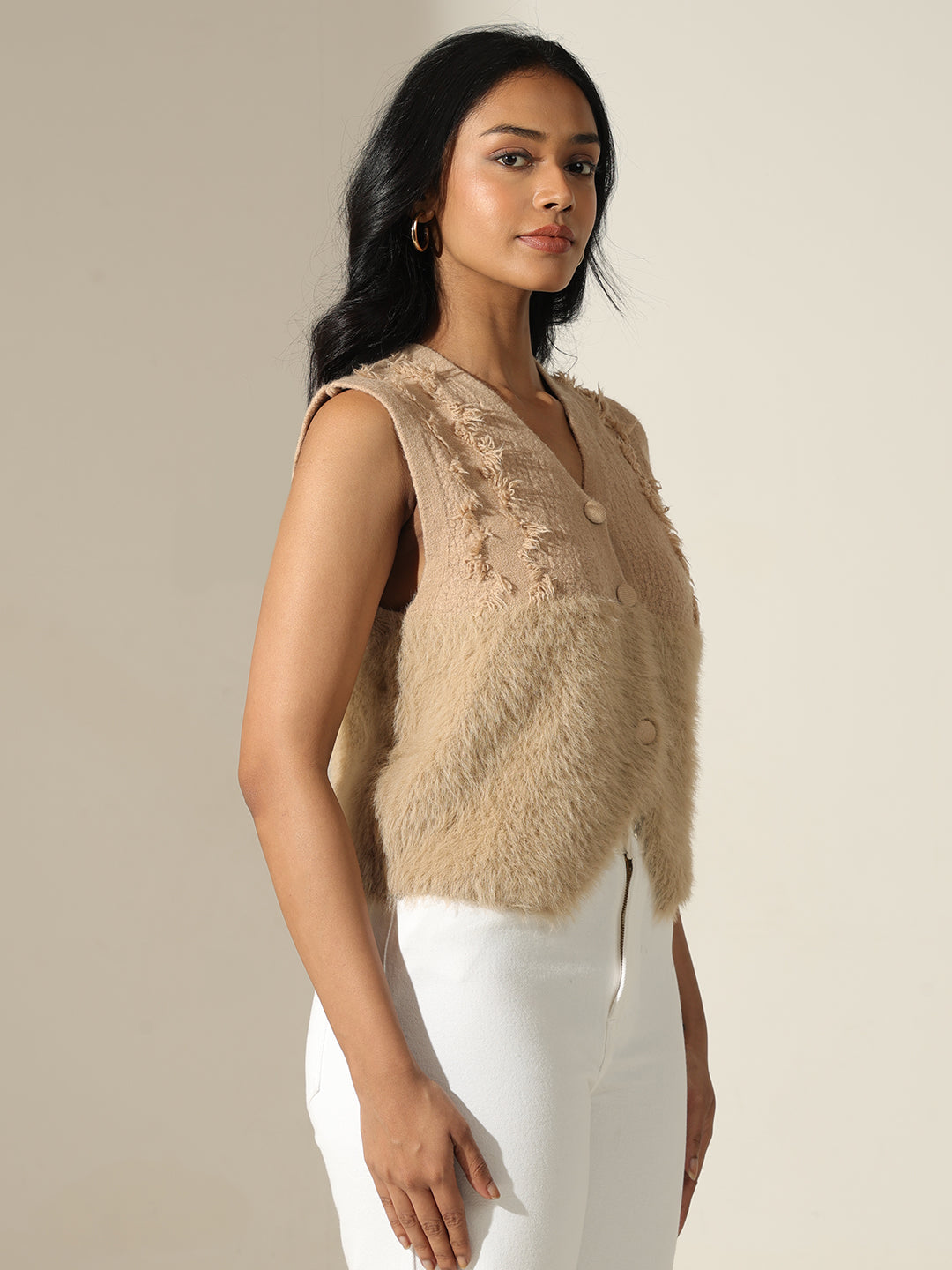 Women's Furry Beige Sleeveless Relaxed Fit Vest Top