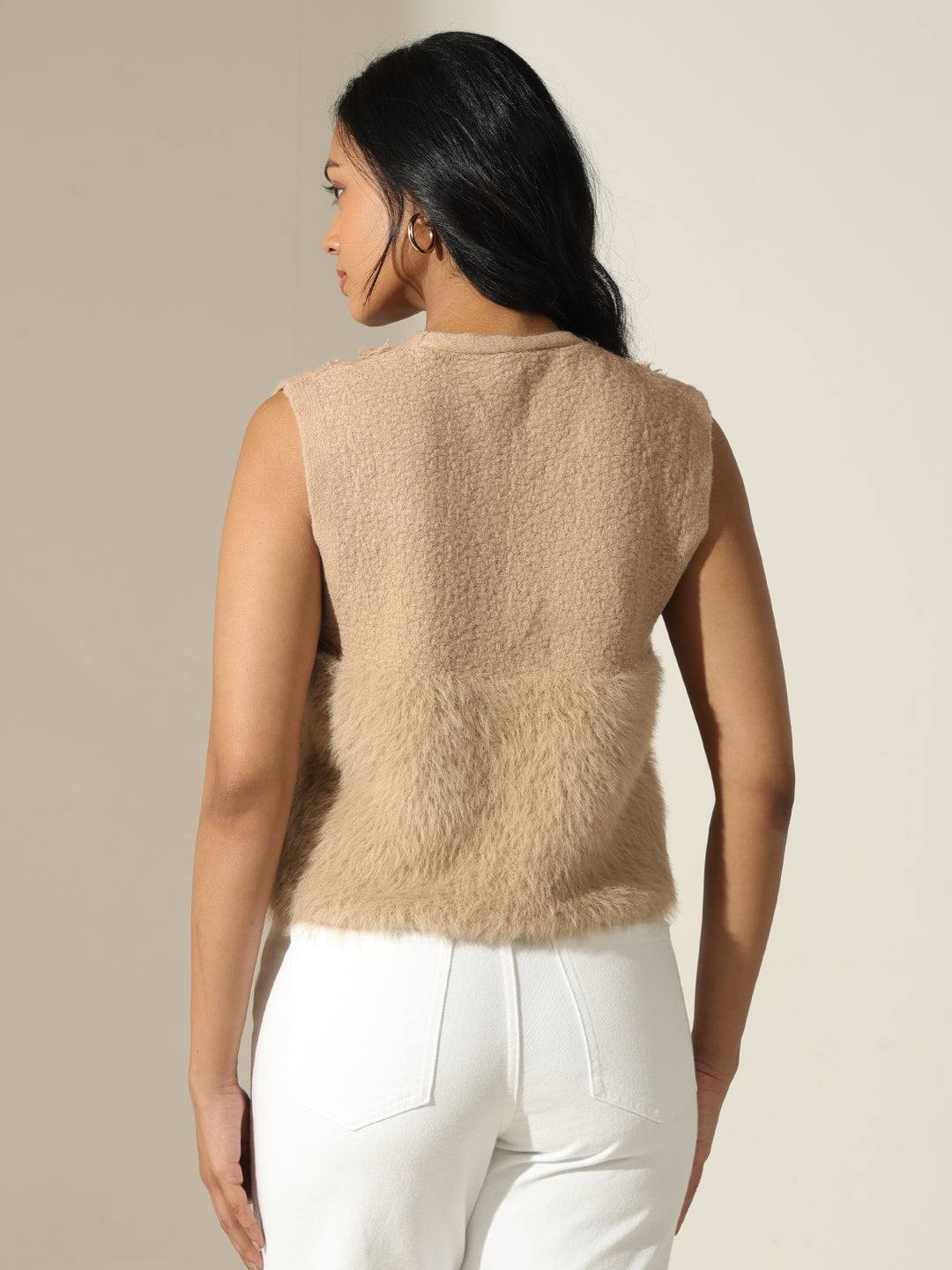 Women's Furry Beige Sleeveless Relaxed Fit Vest Top