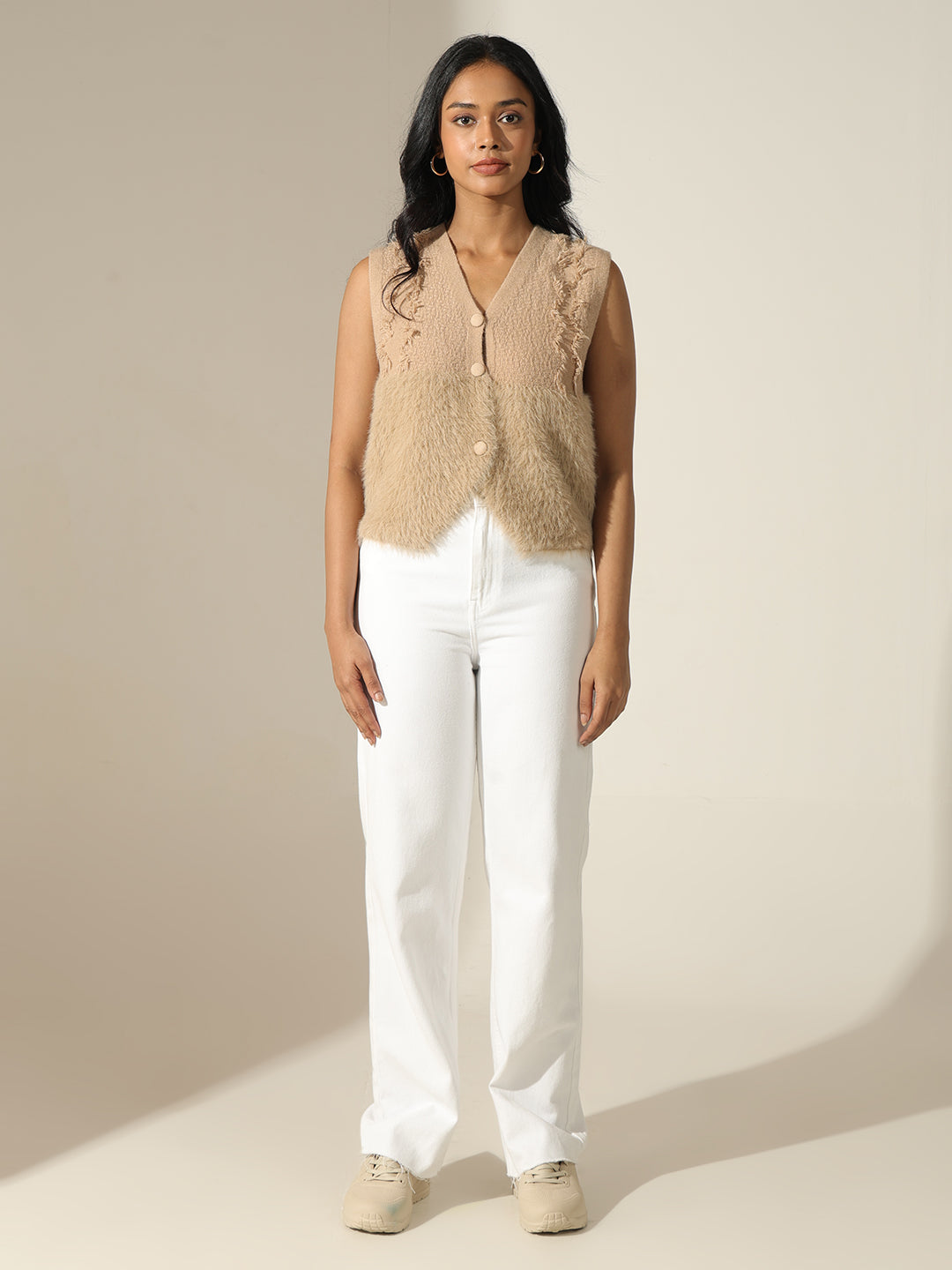 Women's Furry Beige Sleeveless Relaxed Fit Vest Top