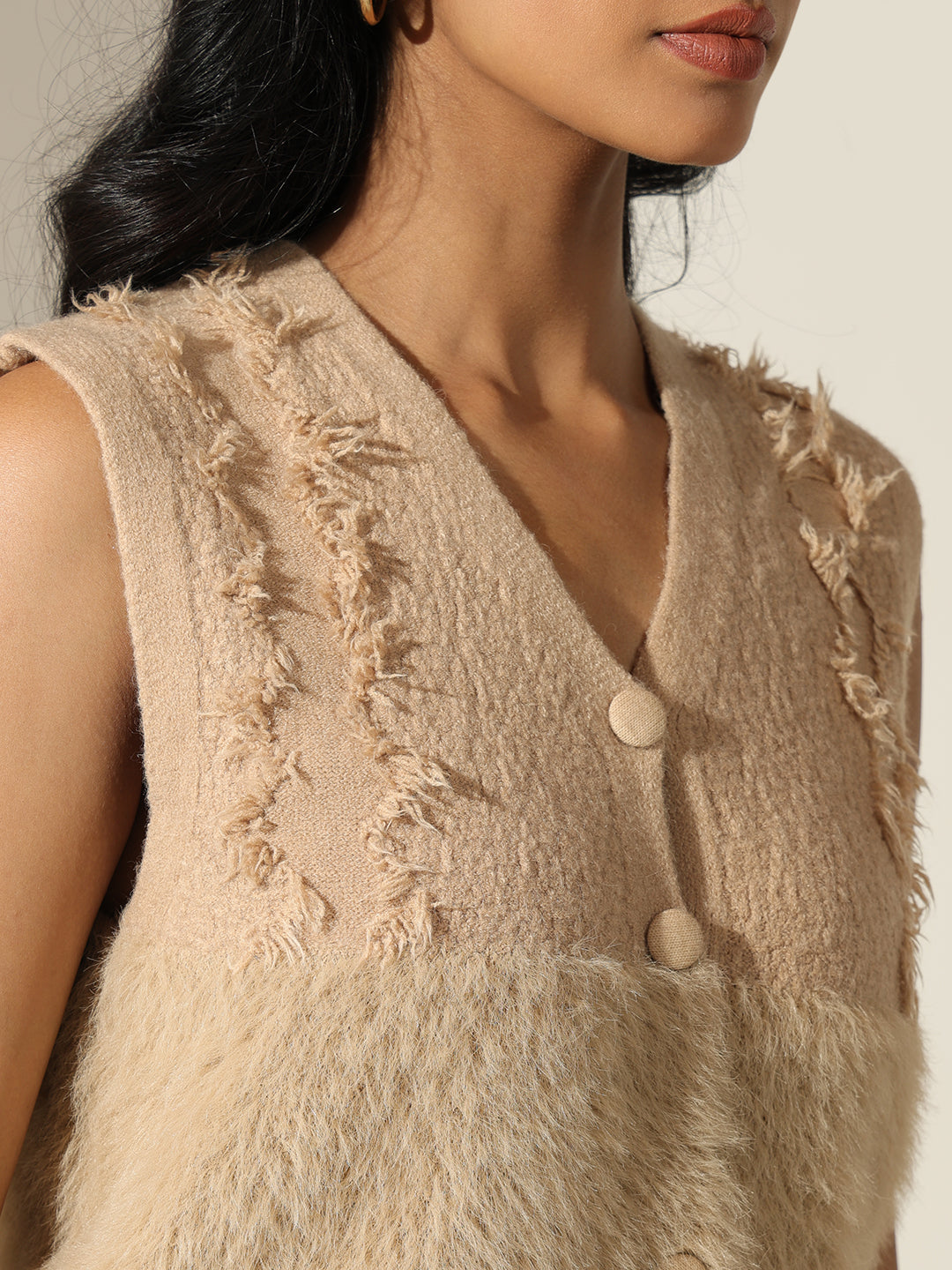 Women's Furry Beige Sleeveless Relaxed Fit Vest Top