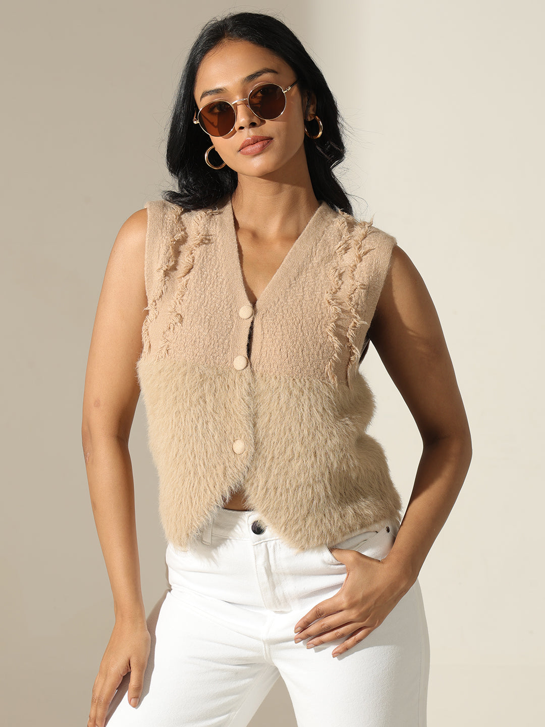 Women's Furry Beige Sleeveless Relaxed Fit Vest Top