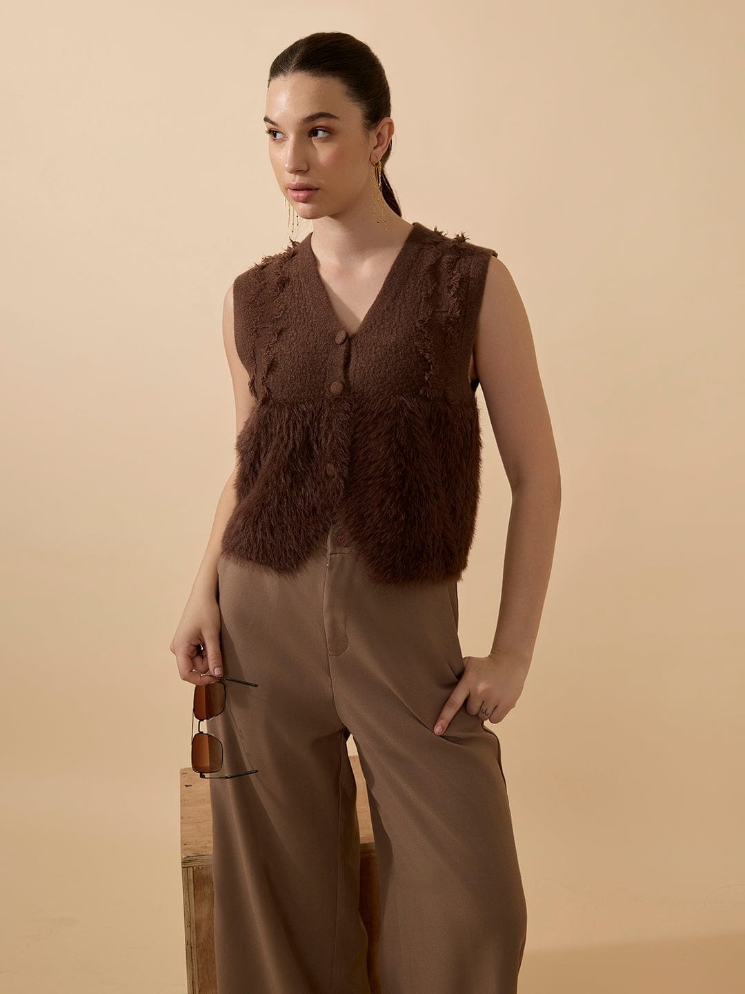 Women's Textured Brown Fuzzy V-Neck Vest Top with Buttons