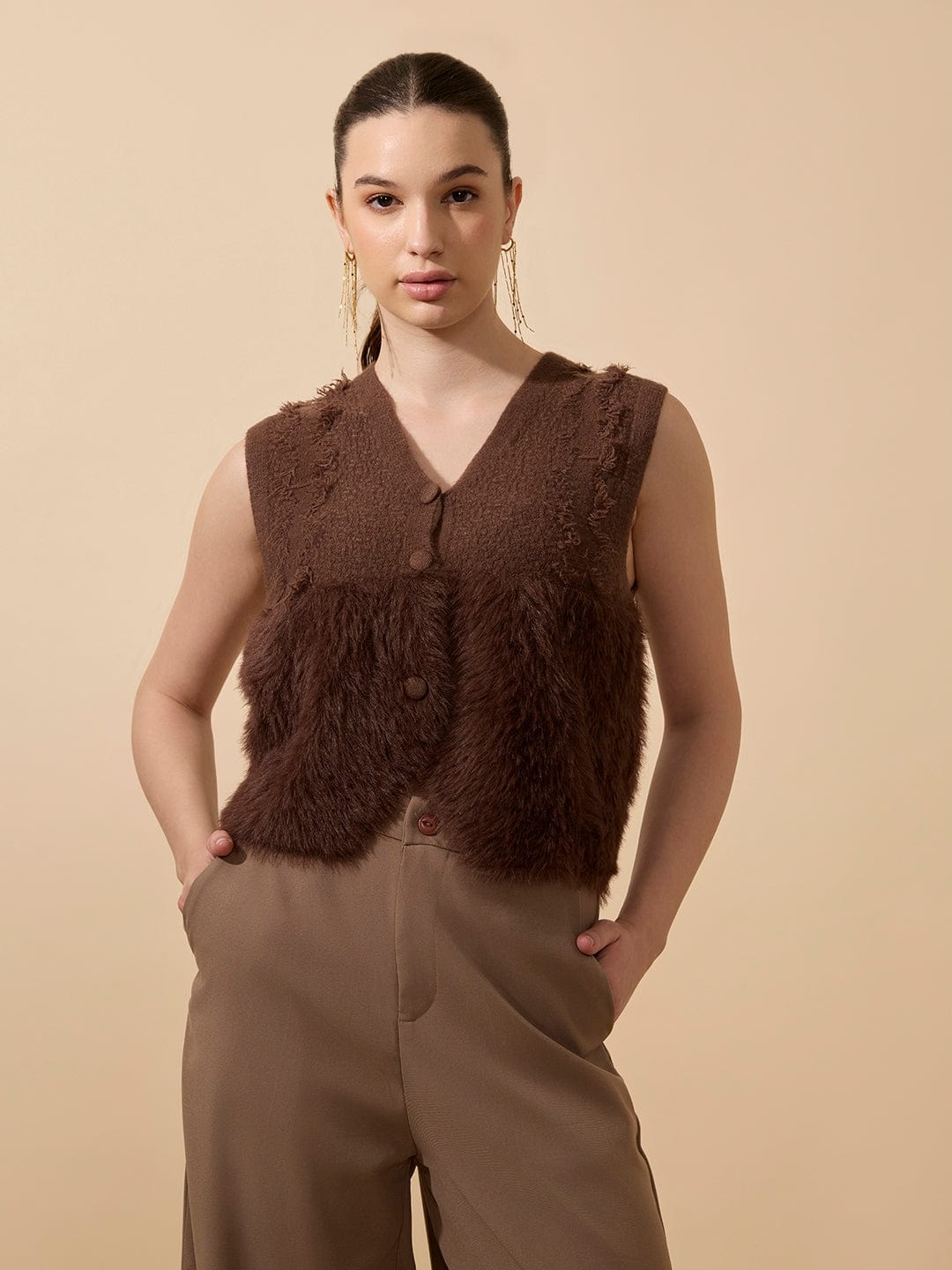 Women's Textured Brown Fuzzy V-Neck Vest Top with Buttons