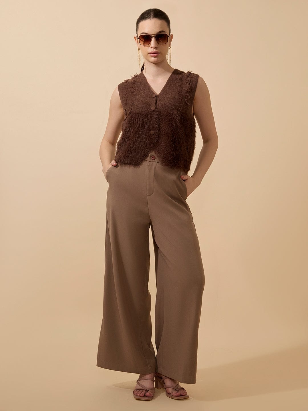 Women's Textured Brown Fuzzy V-Neck Vest Top with Buttons