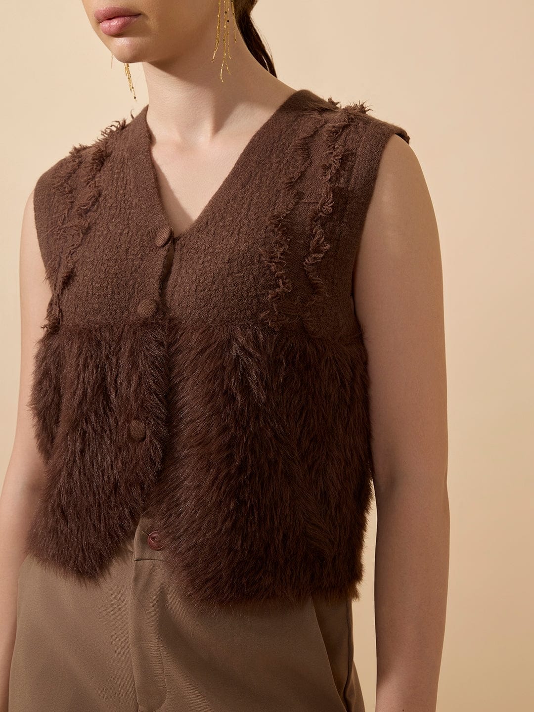 Women's Textured Brown Fuzzy V-Neck Vest Top with Buttons