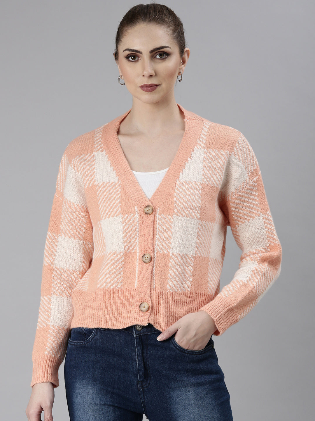 Women Peach Checked Cardigan