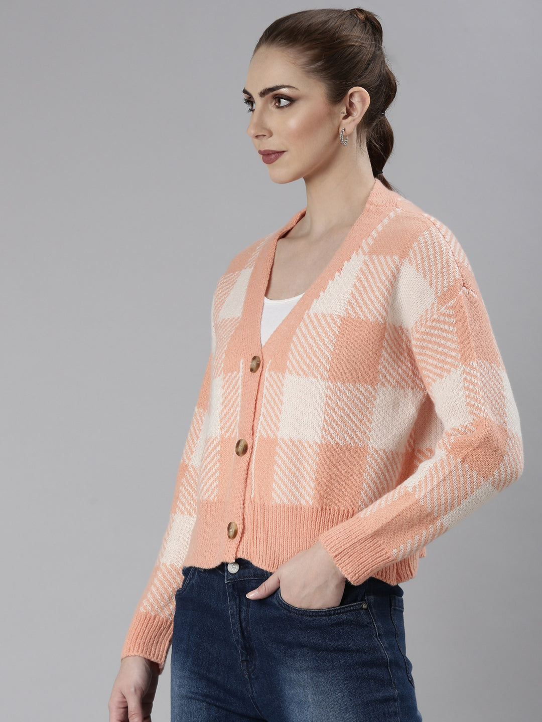 Women Peach Checked Cardigan