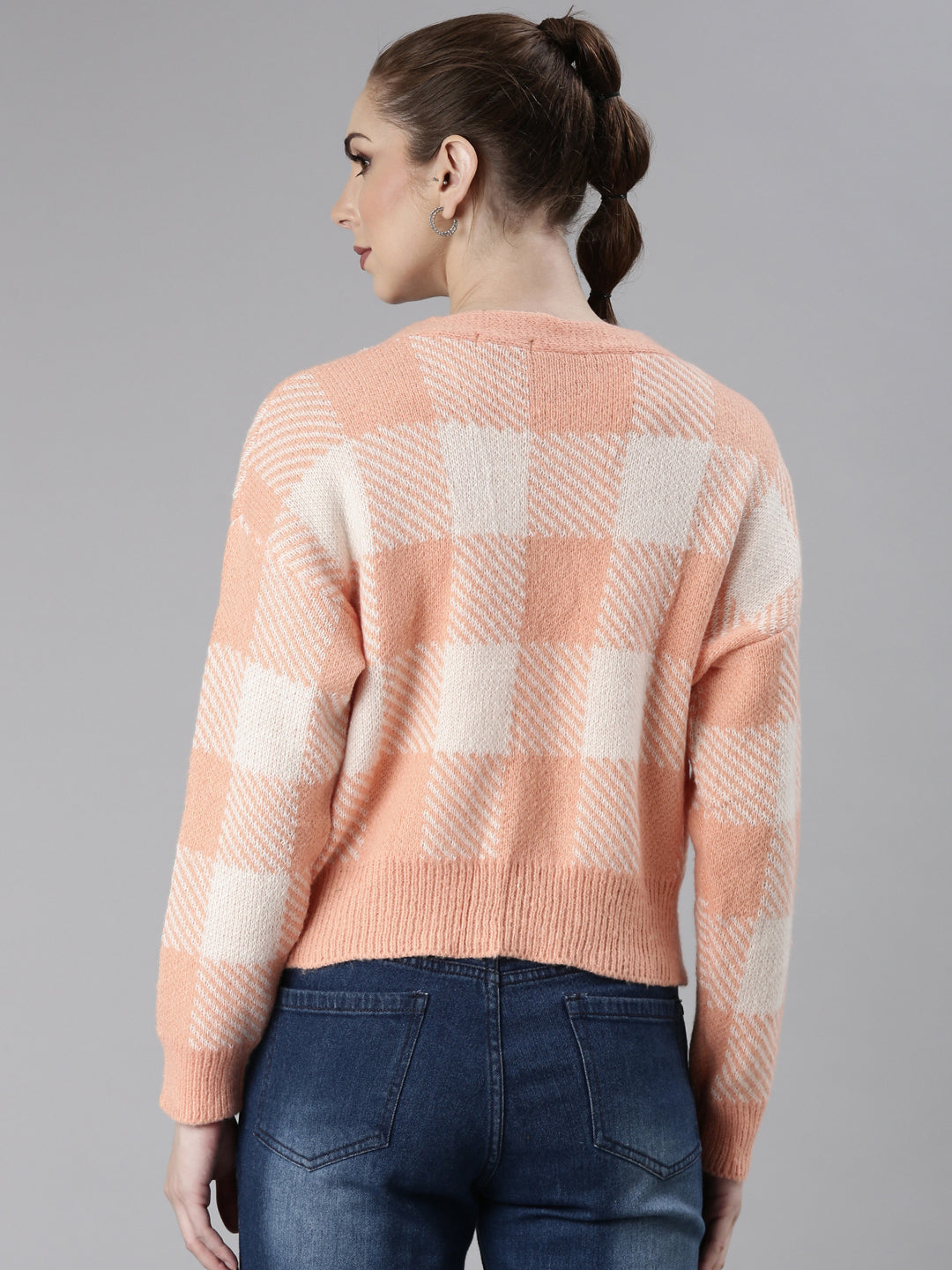 Women Peach Checked Cardigan