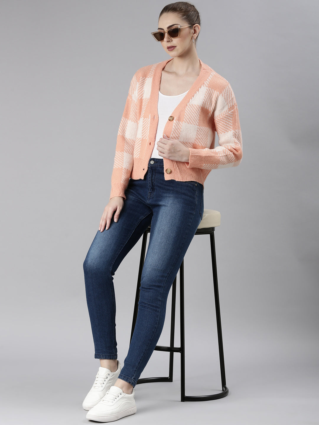 Women Peach Checked Cardigan