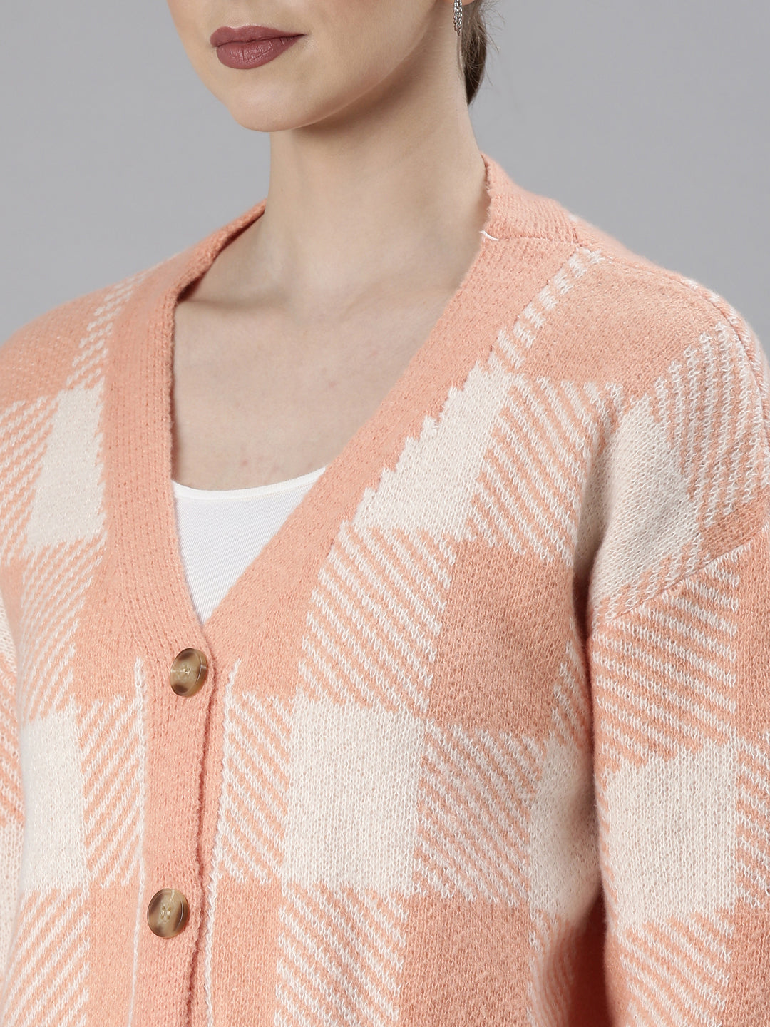 Women Peach Checked Cardigan