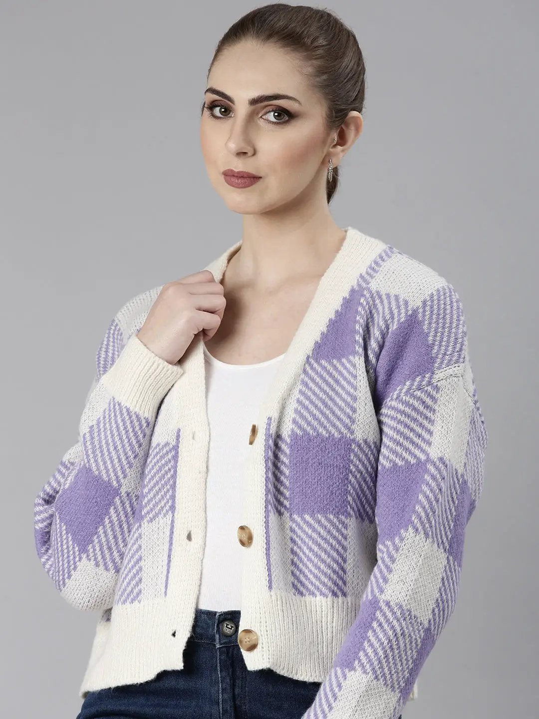 Women's Purple Checked Cardigan