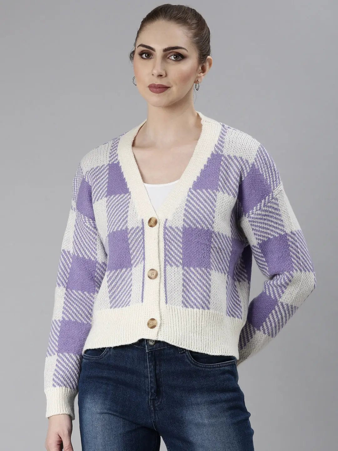 Women's Purple Checked Cardigan