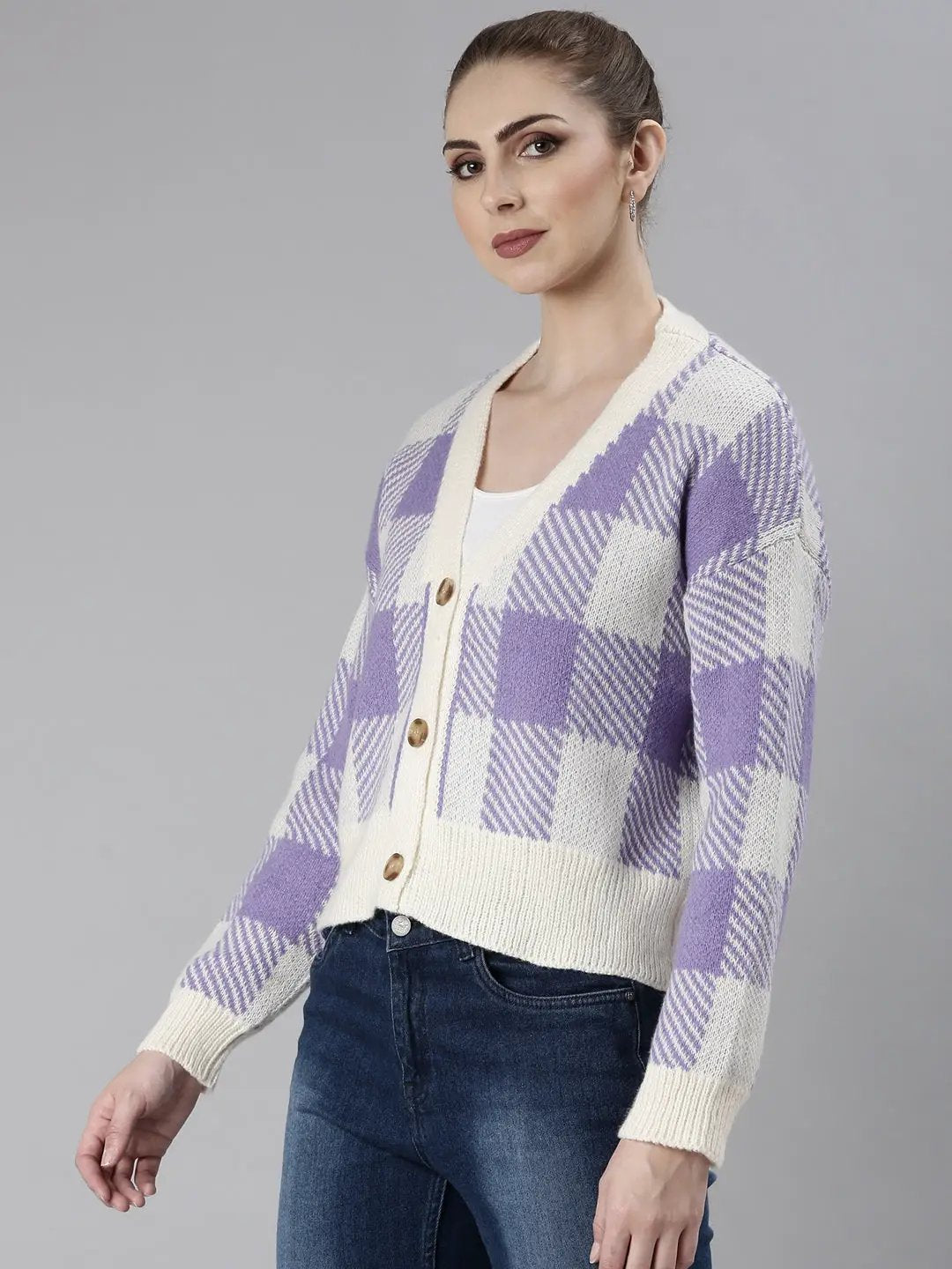 Women's Purple Checked Cardigan