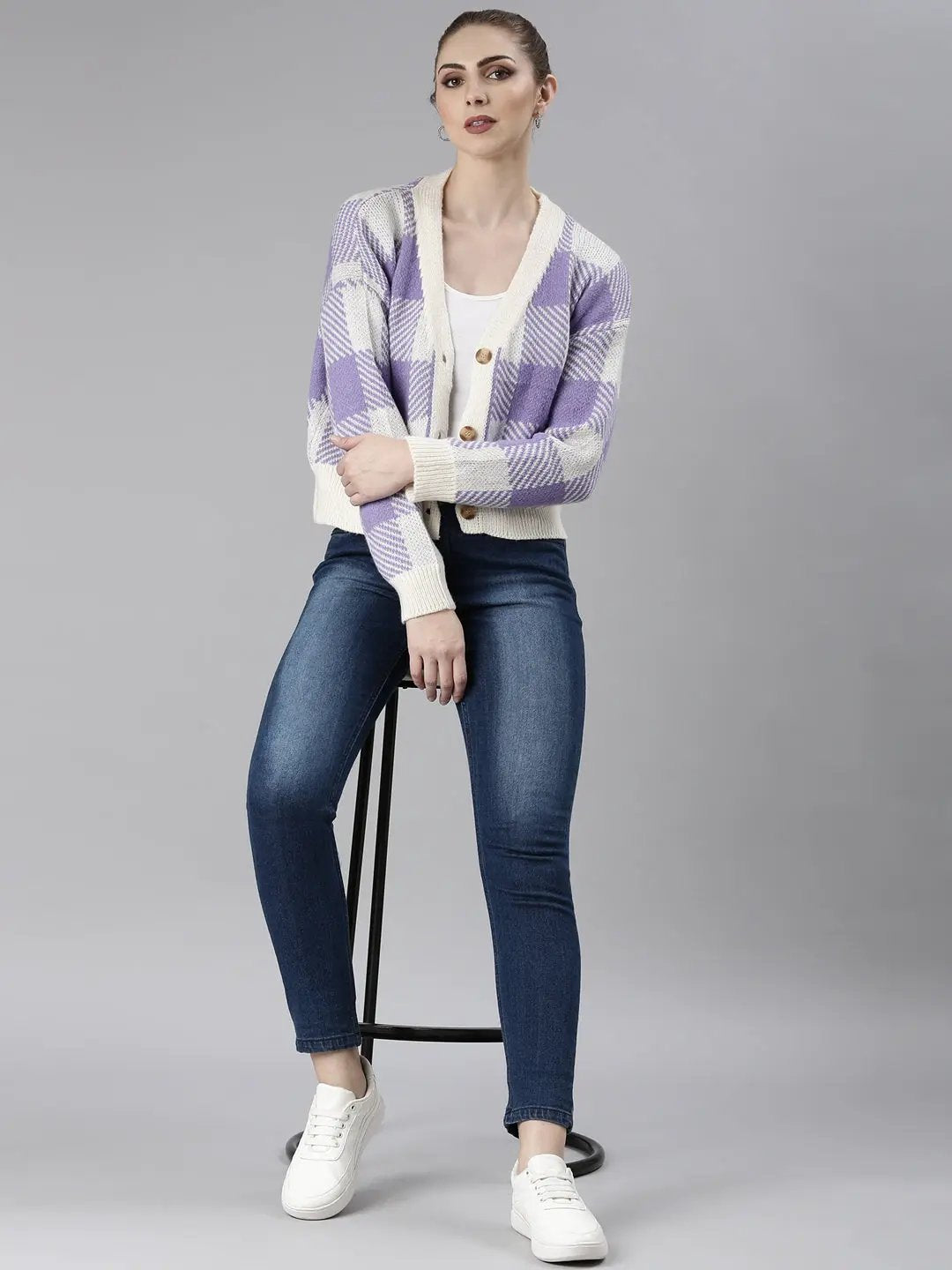 Women's Purple Checked Cardigan
