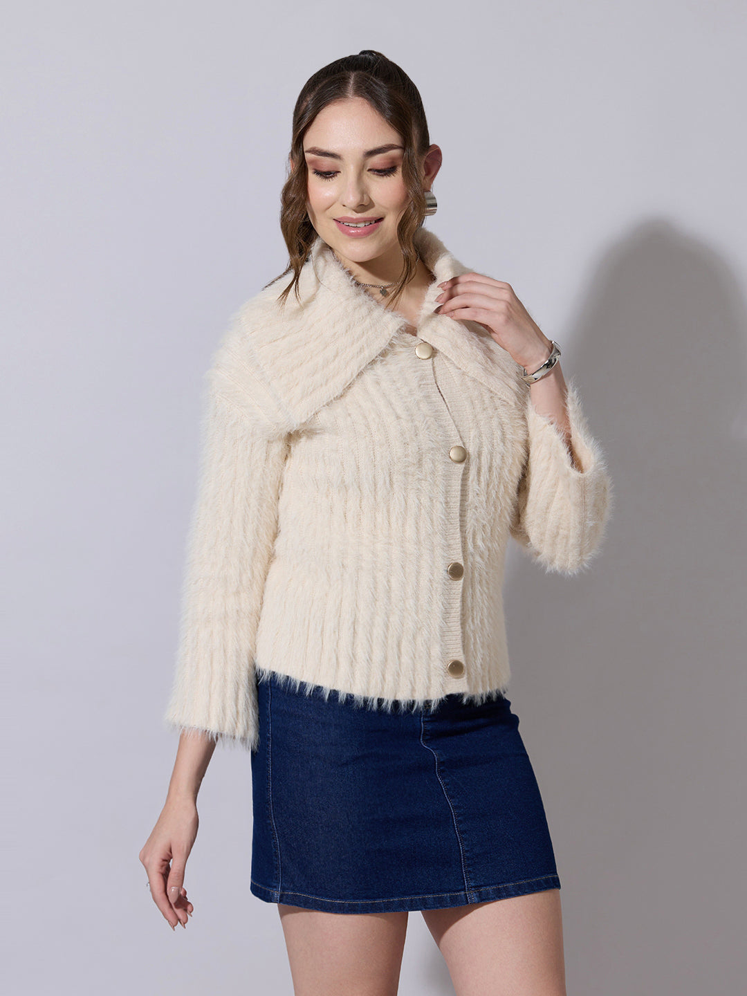 Women's Textured Cream Fuzzy Knit Sweater