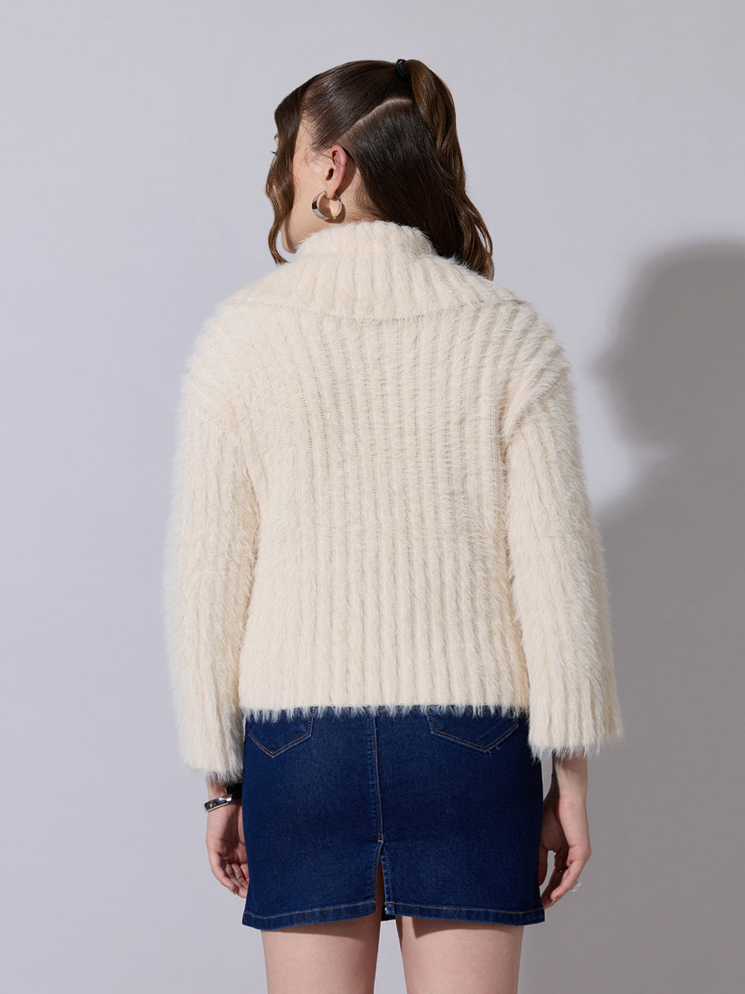 Women's Textured Cream Fuzzy Knit Sweater
