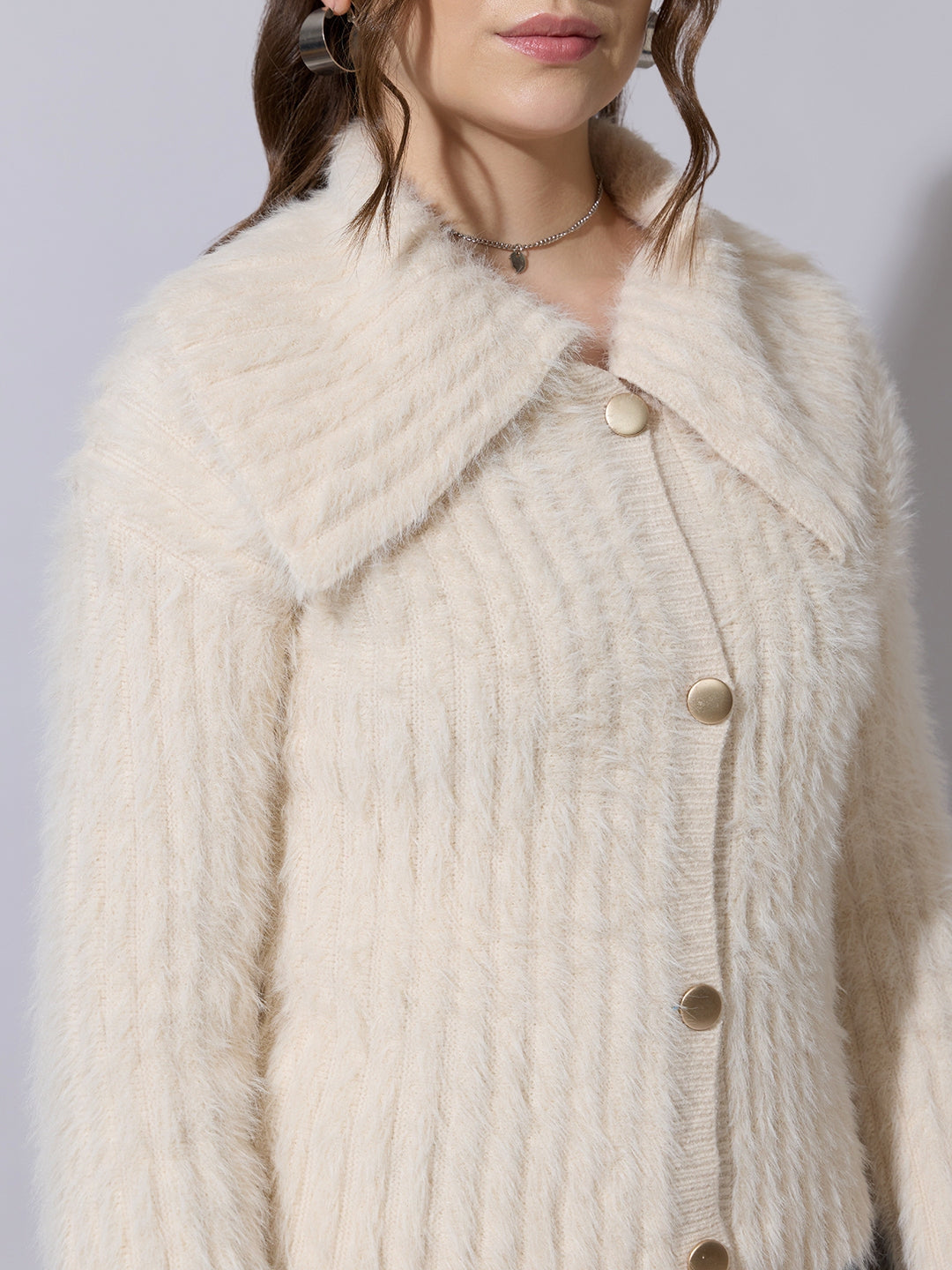 Women's Textured Cream Fuzzy Knit Sweater