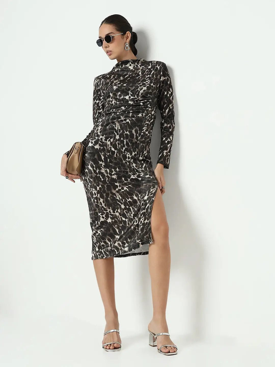 Women's Animal Print Olive Bodycon Dress with Side Slit - from SHOWOFFFF