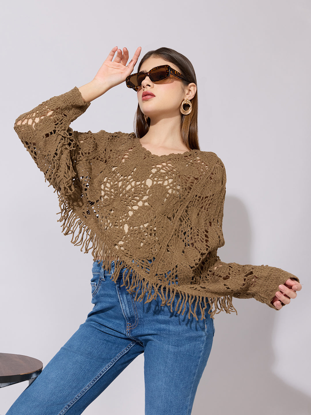 Women's Brown Crochet Crop Top with Fringe Hem