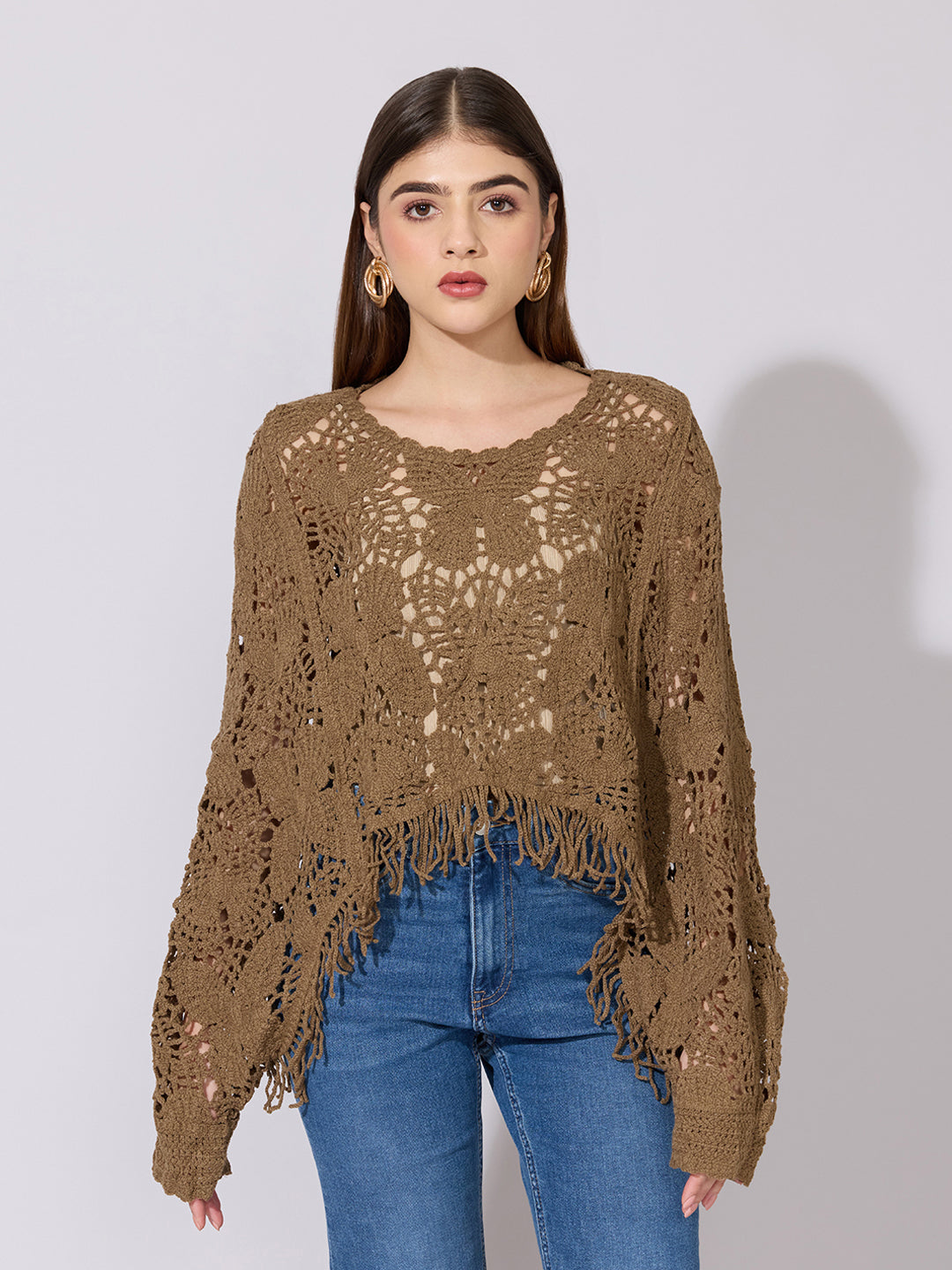Women's Brown Crochet Crop Top with Fringe Hem