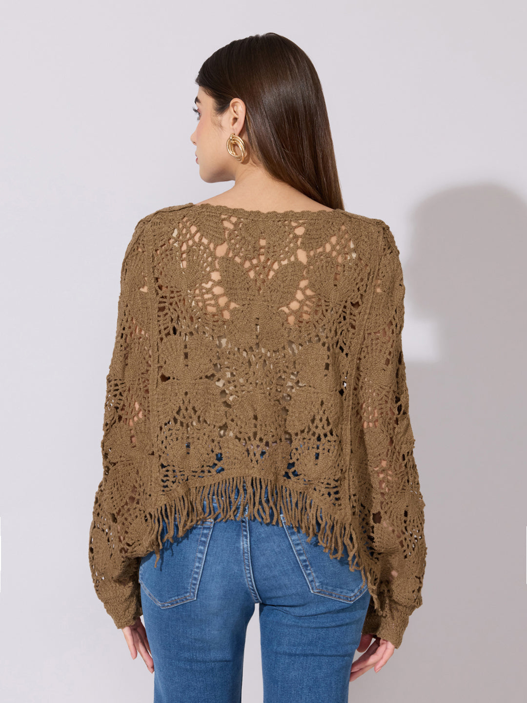 Women's Brown Crochet Crop Top with Fringe Hem