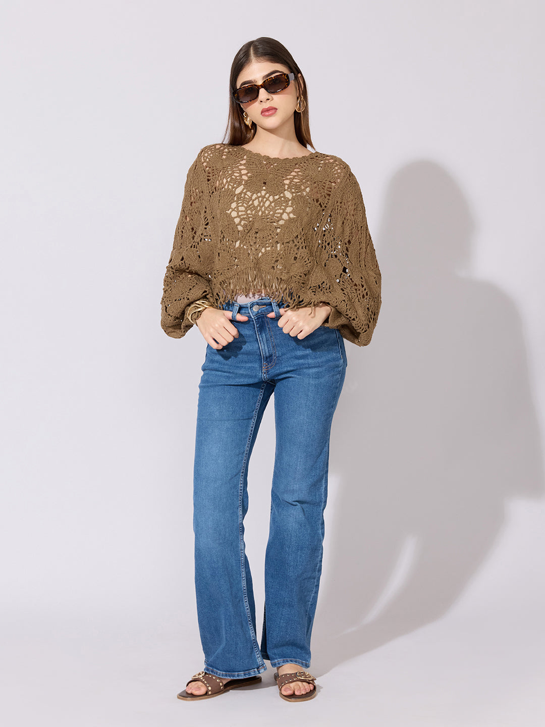 Women's Brown Crochet Crop Top with Fringe Hem