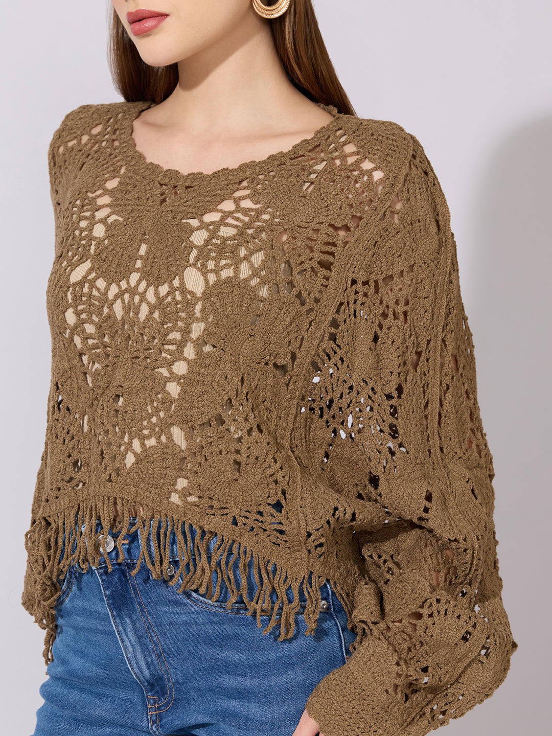 Women's Brown Crochet Crop Top with Fringe Hem