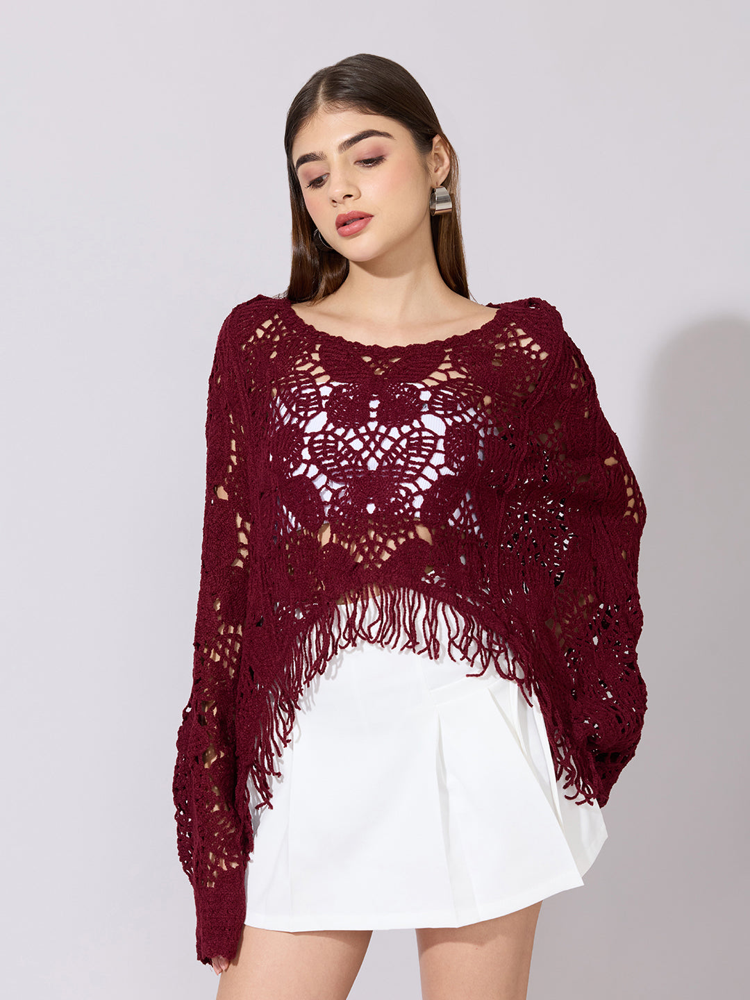 Women's Crochet Maroon Top with Fringe Hem