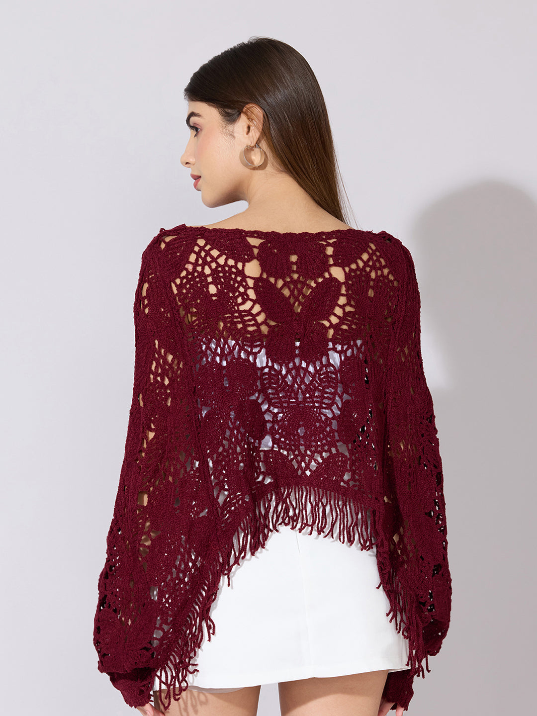 Women's Crochet Maroon Top with Fringe Hem