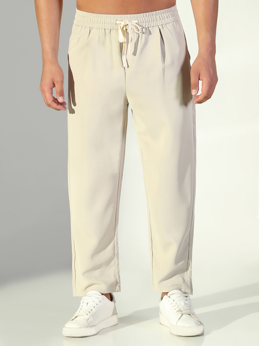 Men Cream Solid Straight Fit Trousers