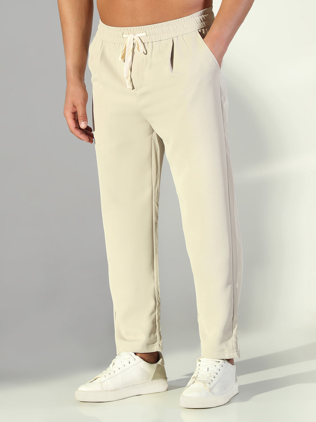 Men Cream Solid Straight Fit Trousers