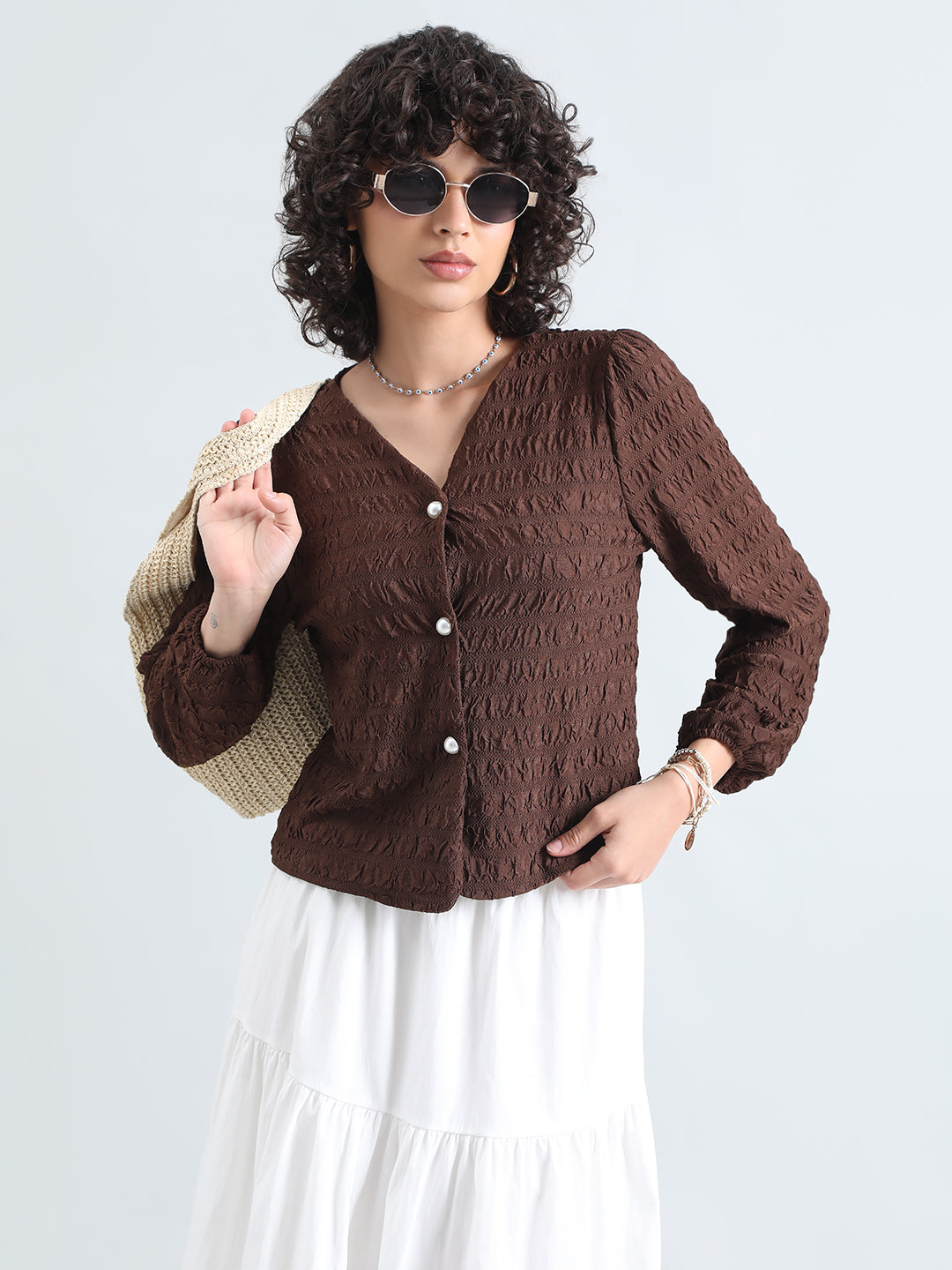 Women's Textured Brown V-Neck Blouse with Pearl Buttons