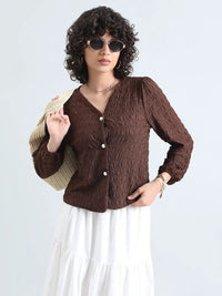 Women's Textured Brown V-Neck Blouse with Pearl Buttons