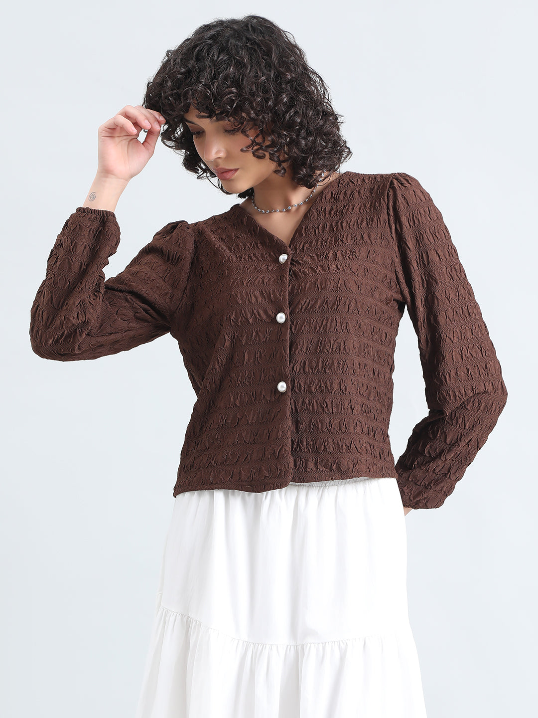 Women's Textured Brown V-Neck Blouse with Pearl Buttons