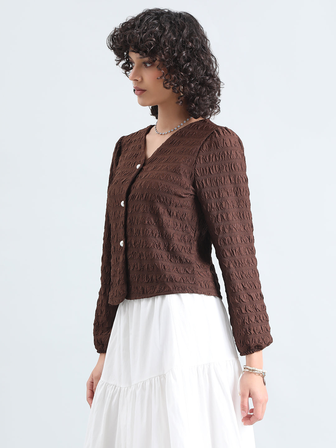 Women's Textured Brown V-Neck Blouse with Pearl Buttons