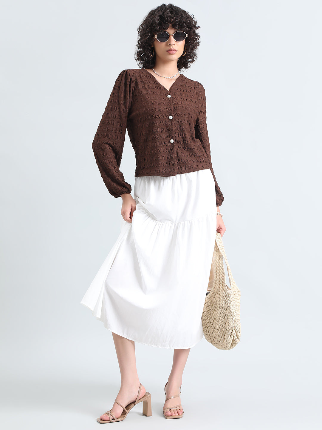 Women's Textured Brown V-Neck Blouse with Pearl Buttons