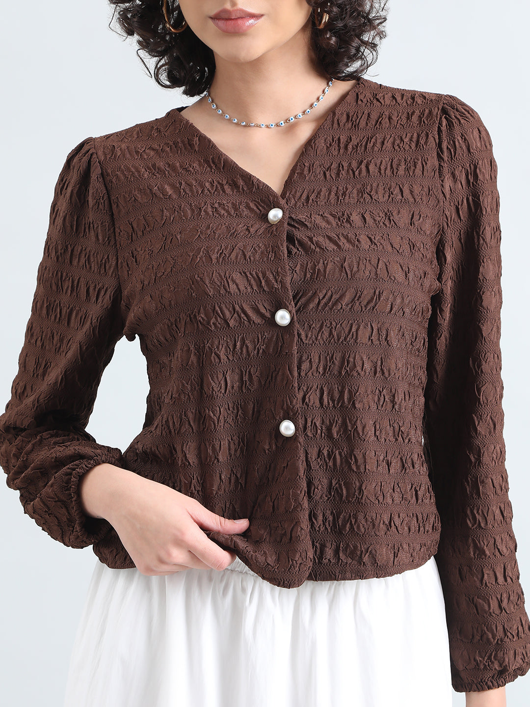 Women's Textured Brown V-Neck Blouse with Pearl Buttons
